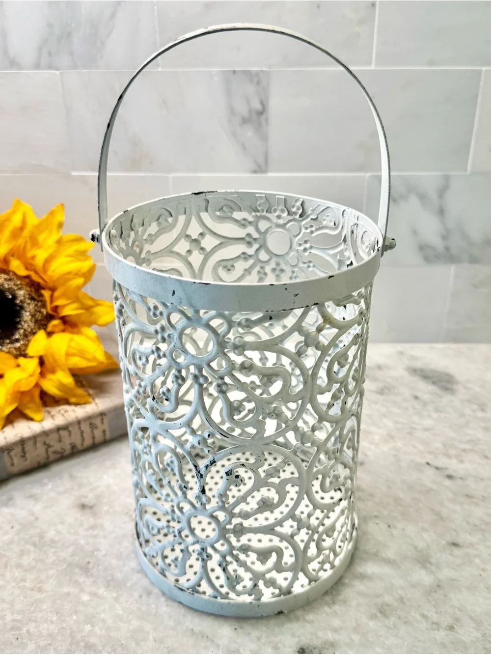 New Rustic Distressed Ornate Chippy White Metal Bucket Holder Decor - 7” x 5”